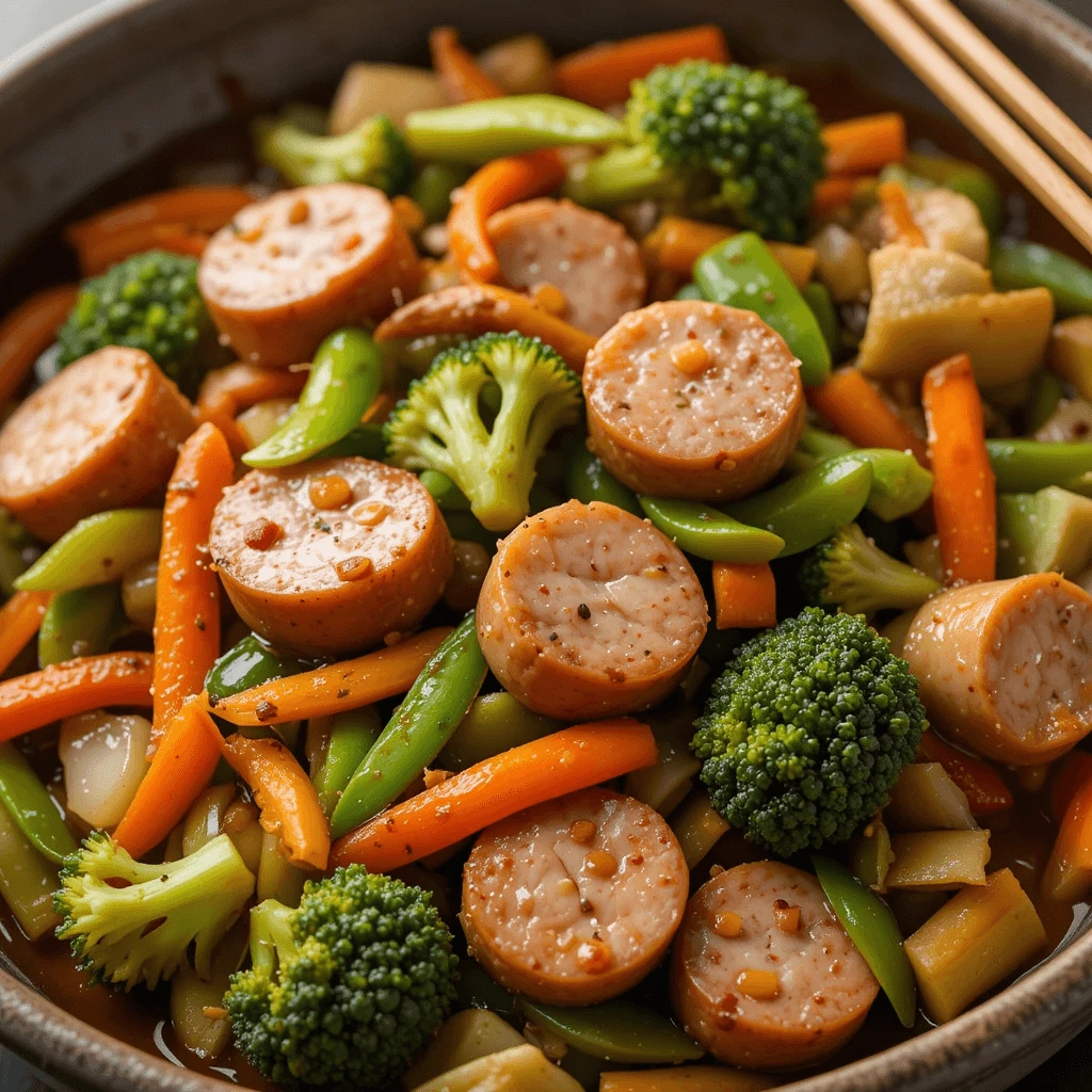 A sizzling stir-fry with sliced chicken sausage, vibrant vegetables like broccoli, carrots, and snap peas, all tossed in a savory sauce.