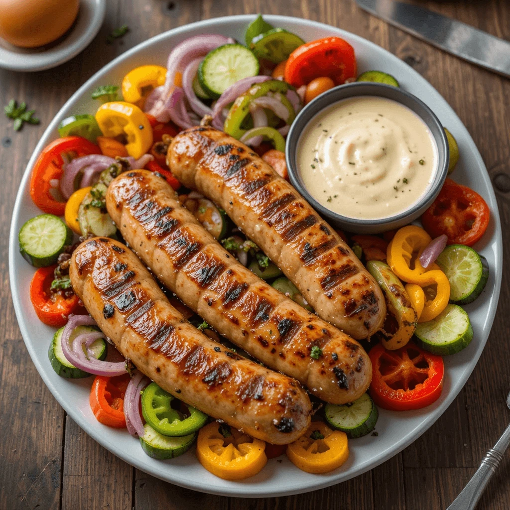 Grilled Chicken Sausage with Fresh Vegetables.