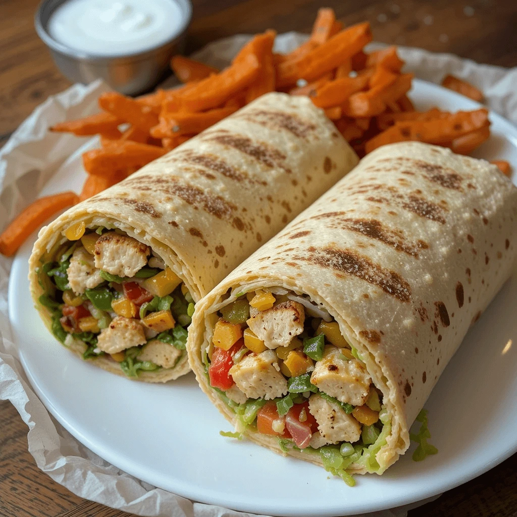 Grilled chicken wrap on a plate with sweet potato fries and ranch dressing.