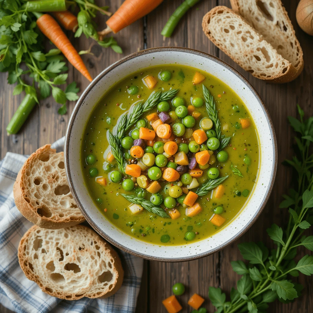 Vibrant spring vegetable soup with peas, asparagus, and carrots, garnished with herbs and served with crusty bread.