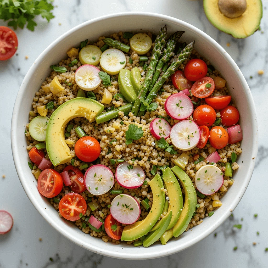 Healthy Spring Lunch Bowl with Quinoa, Radishes, Asparagus, and Avocado.
