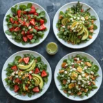 Three vibrant spring salads with fresh seasonal ingredients.
