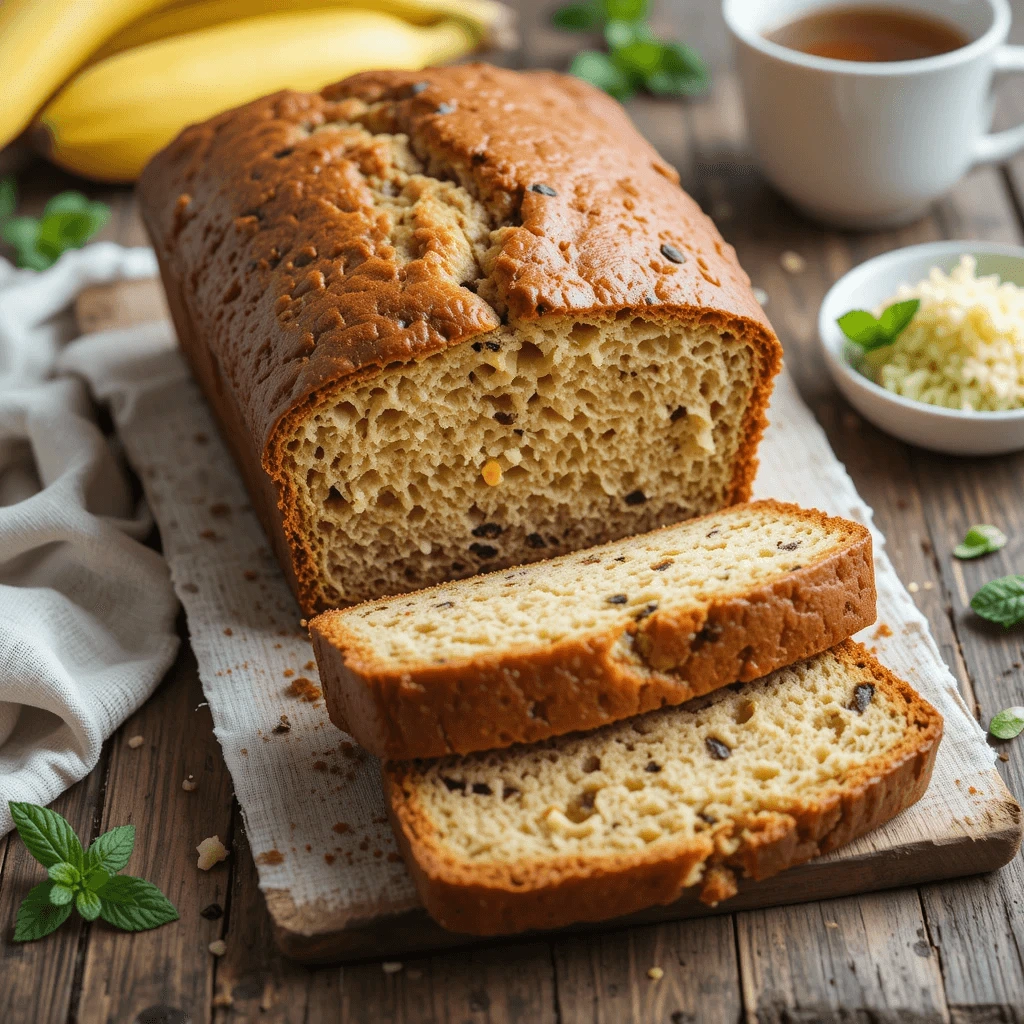 Freshly baked zucchini and banana bread loaf sliced on a rustic wooden table with ripe bananas and tea.