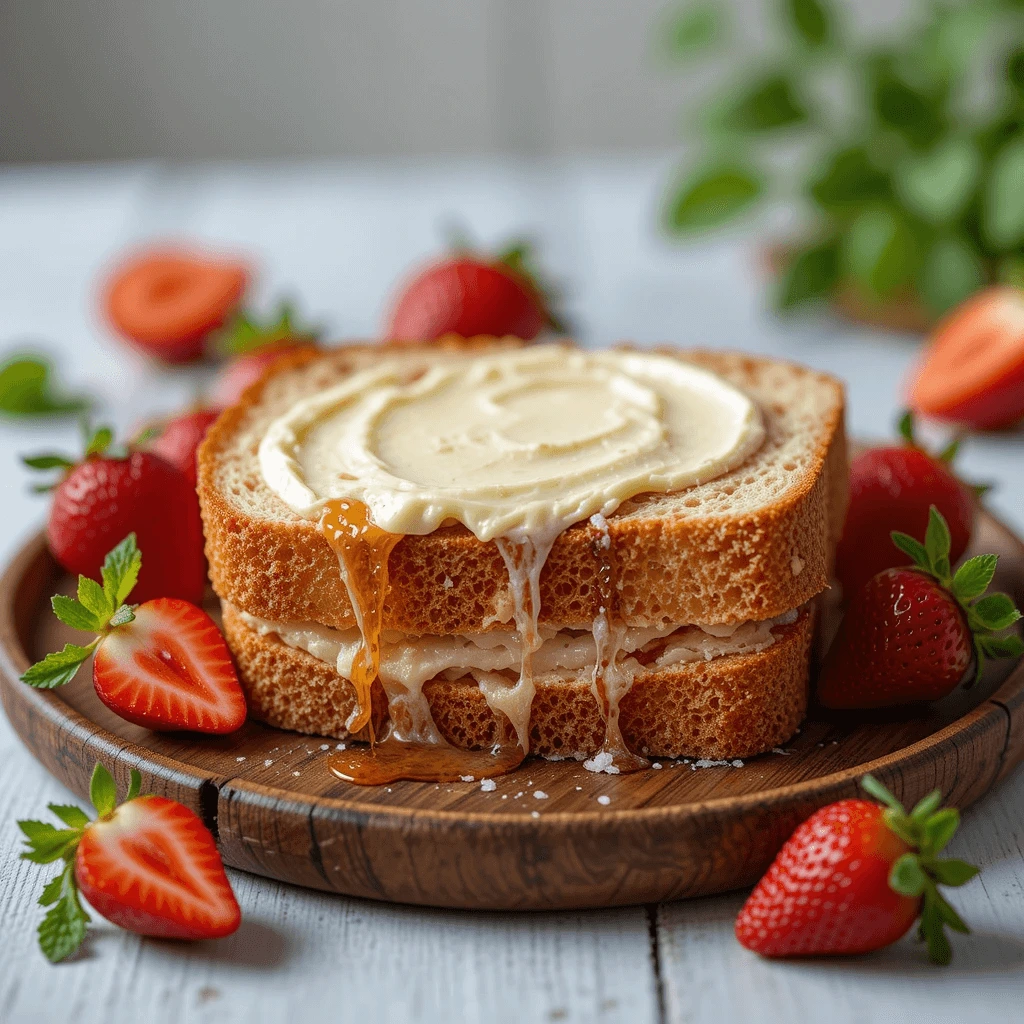 A close-up shot of a thick slice of strawberry bread on a rustic wooden plate, generously spread with melting butter or smooth cream cheese.