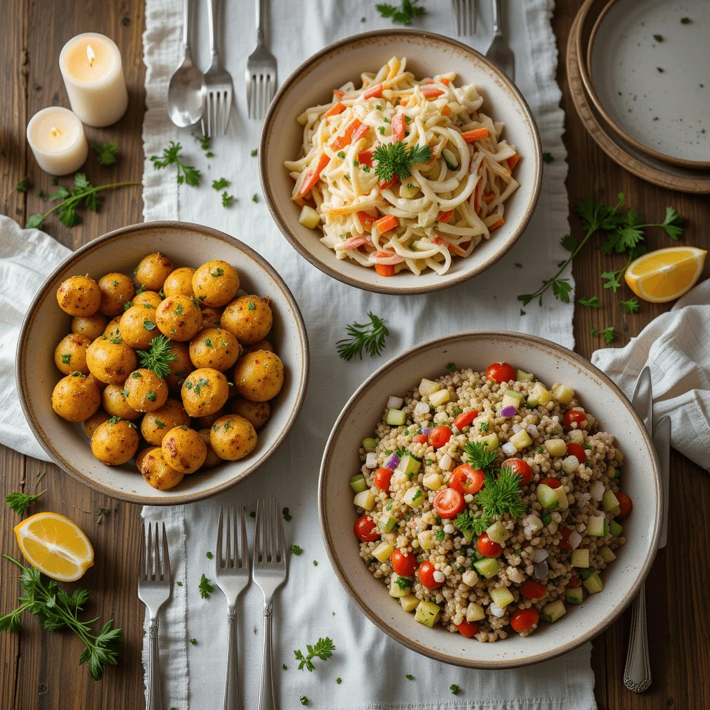 Decorated wooden dining table with bowls of garlic roasted potatoes, creamy dill coleslaw, and lemon herb quinoa salad, set with fresh herbs and lemon wedges.