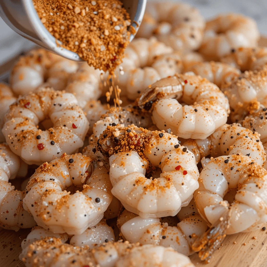 Seasoning Shrimp with Paprika, Garlic Powder, and Cayenne.