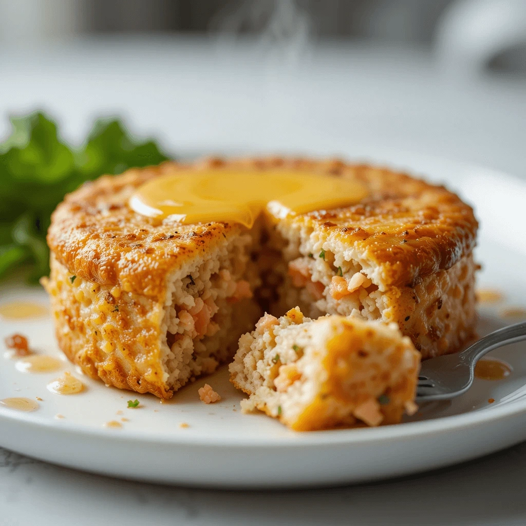 A close-up shot of a salmon cake sliced open with a fork, revealing a moist, flaky interior.