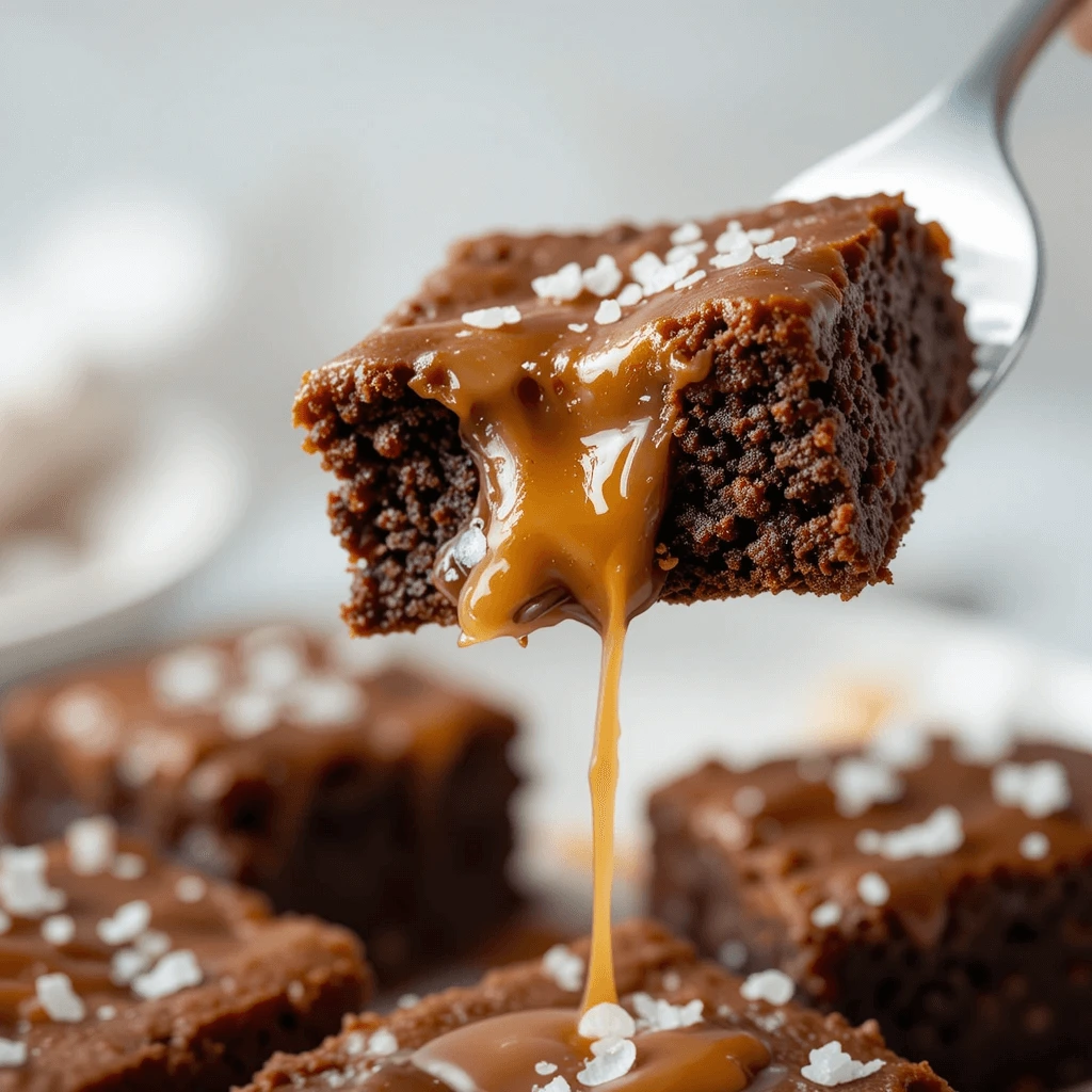 A detailed close-up of a fork digging into a salted caramel brownie, with gooey caramel oozing from the center. The brownie is fudgy and rich, with the sea salt glistening on top.