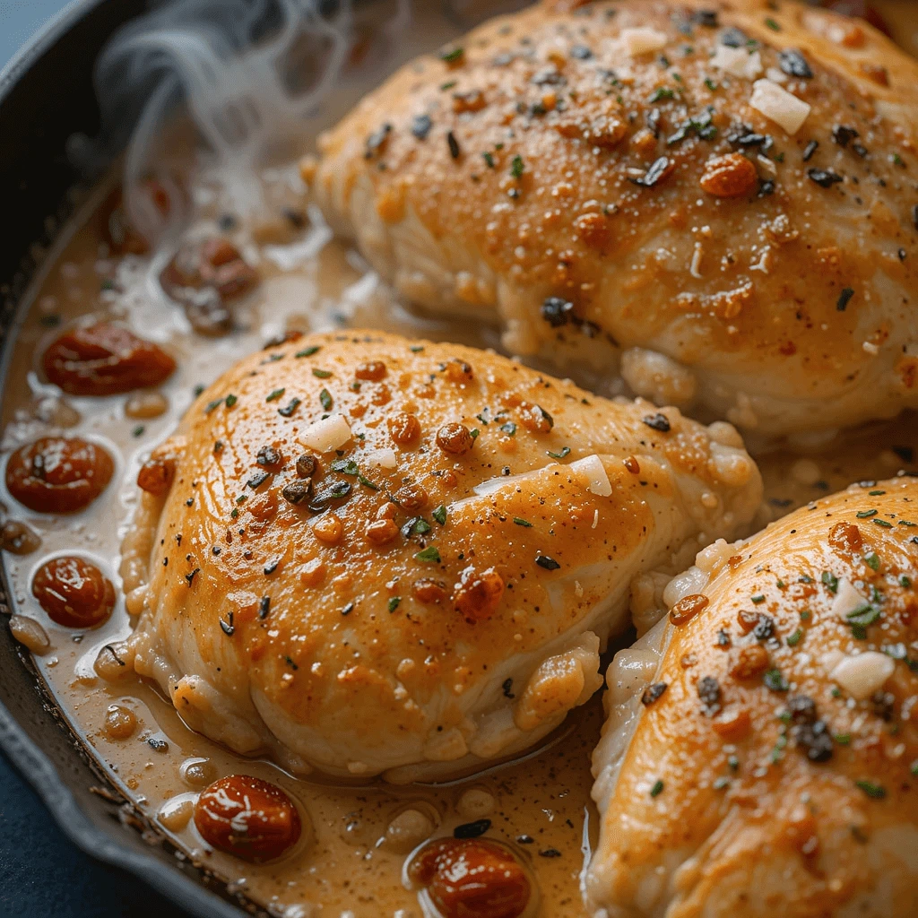 A juicy golden-seared chicken breasts in a rich sun-dried tomato and Parmesan cream sauce, steaming hot in a cast iron pan.