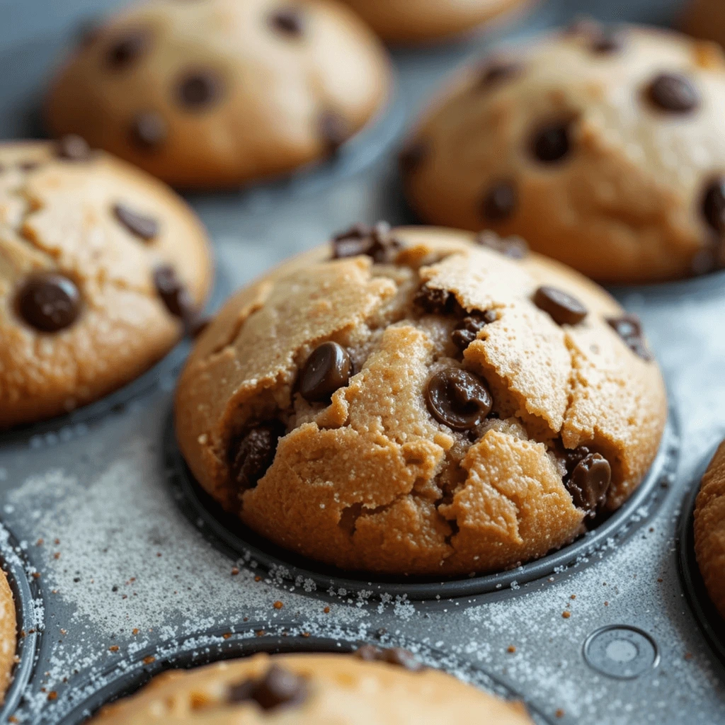Close-up shot of freshly baked chocolate chip zucchini muffins cooling in a muffin tin. The muffins have a golden-brown, slightly cracked top with gooey melted chocolate chips visible.