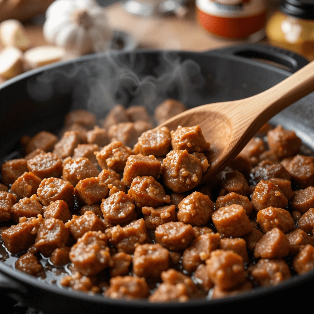 A close-up shot of Italian sausage cooking in a large cast-iron skillet. The sausage is broken up into crumbles.