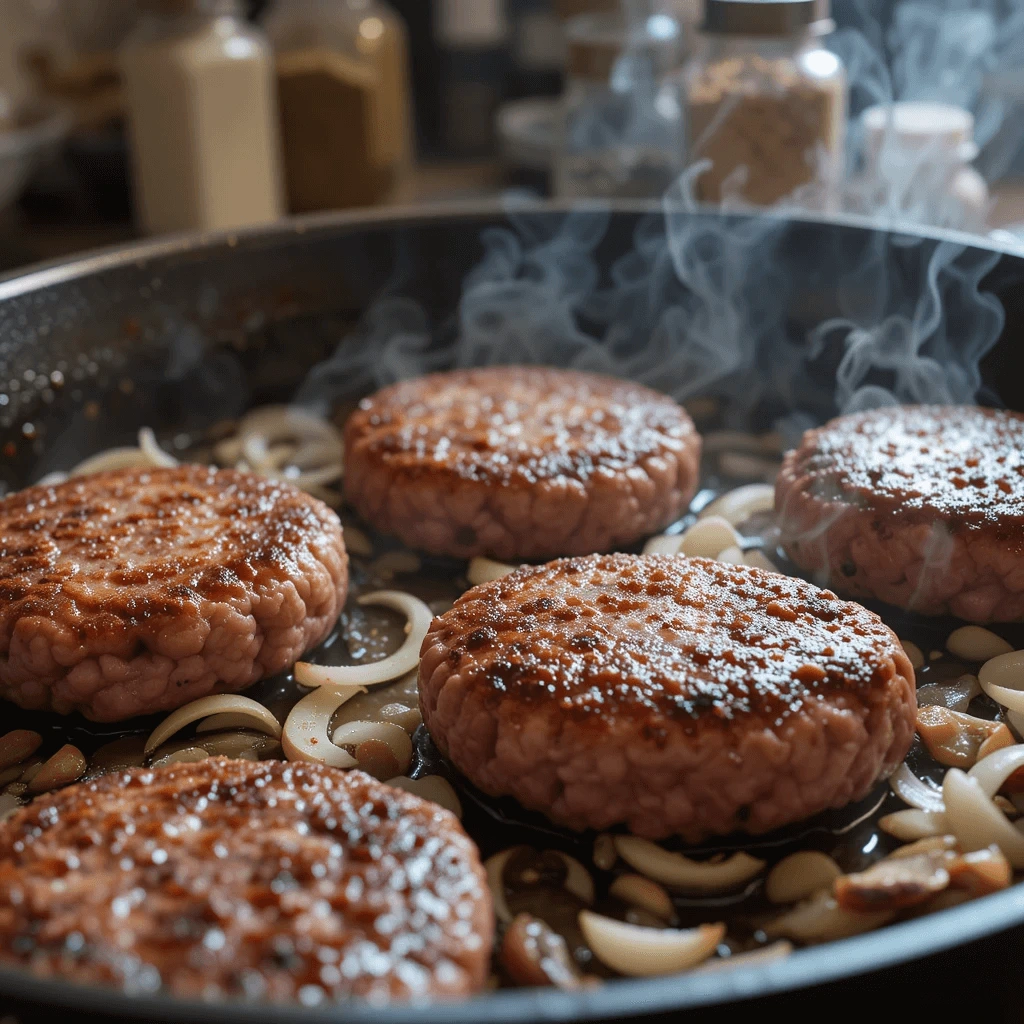 Close-up shot of hamburger patties sizzling in a cast iron skillet on a stovetop. Sliced onions and mushrooms are browning around the patties.