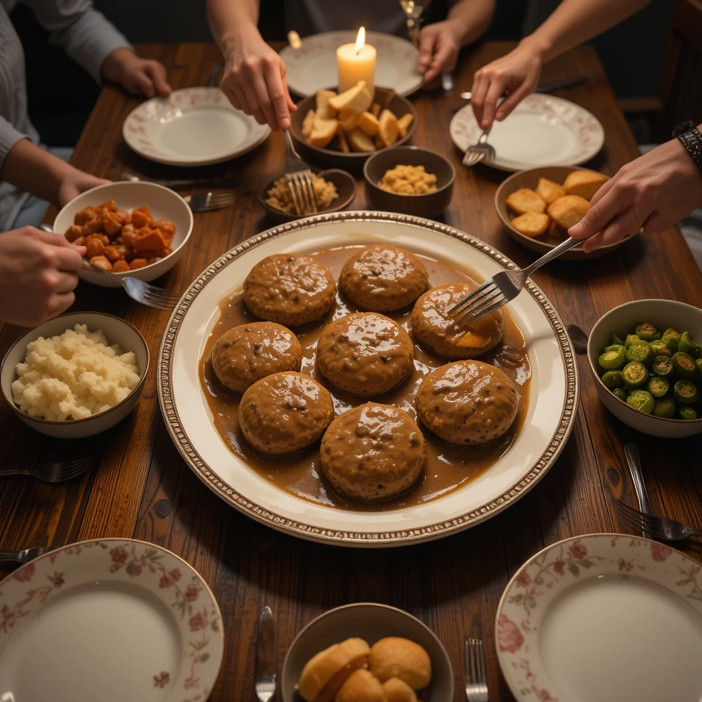 A warm, inviting family dinner scene featuring a large serving platter of Salisbury steak patties covered in rich mushroom gravy at the center of a wooden dining table.