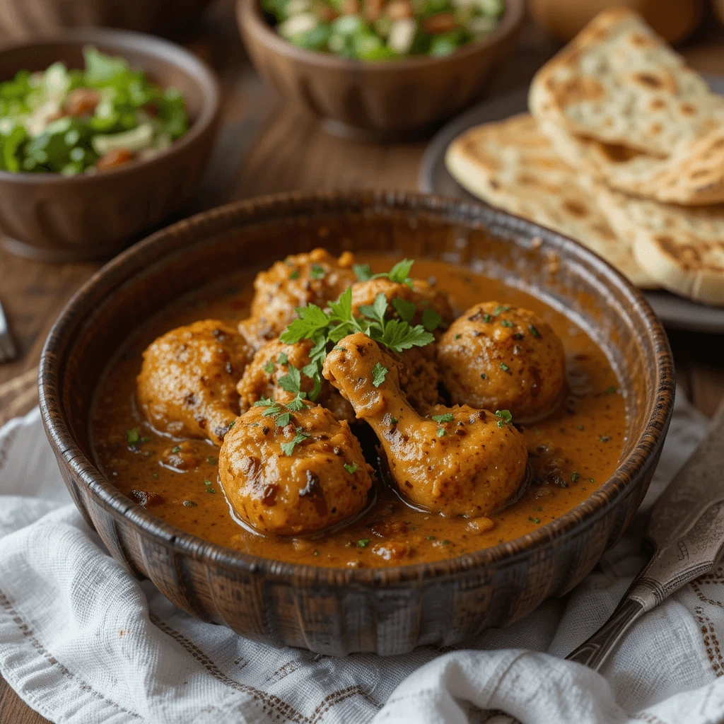 A cozy dinner setting with the boneless chicken gravy served in a rustic bowl, accompanied by naan bread and a small salad bowl, highlighting a wholesome weeknight meal.