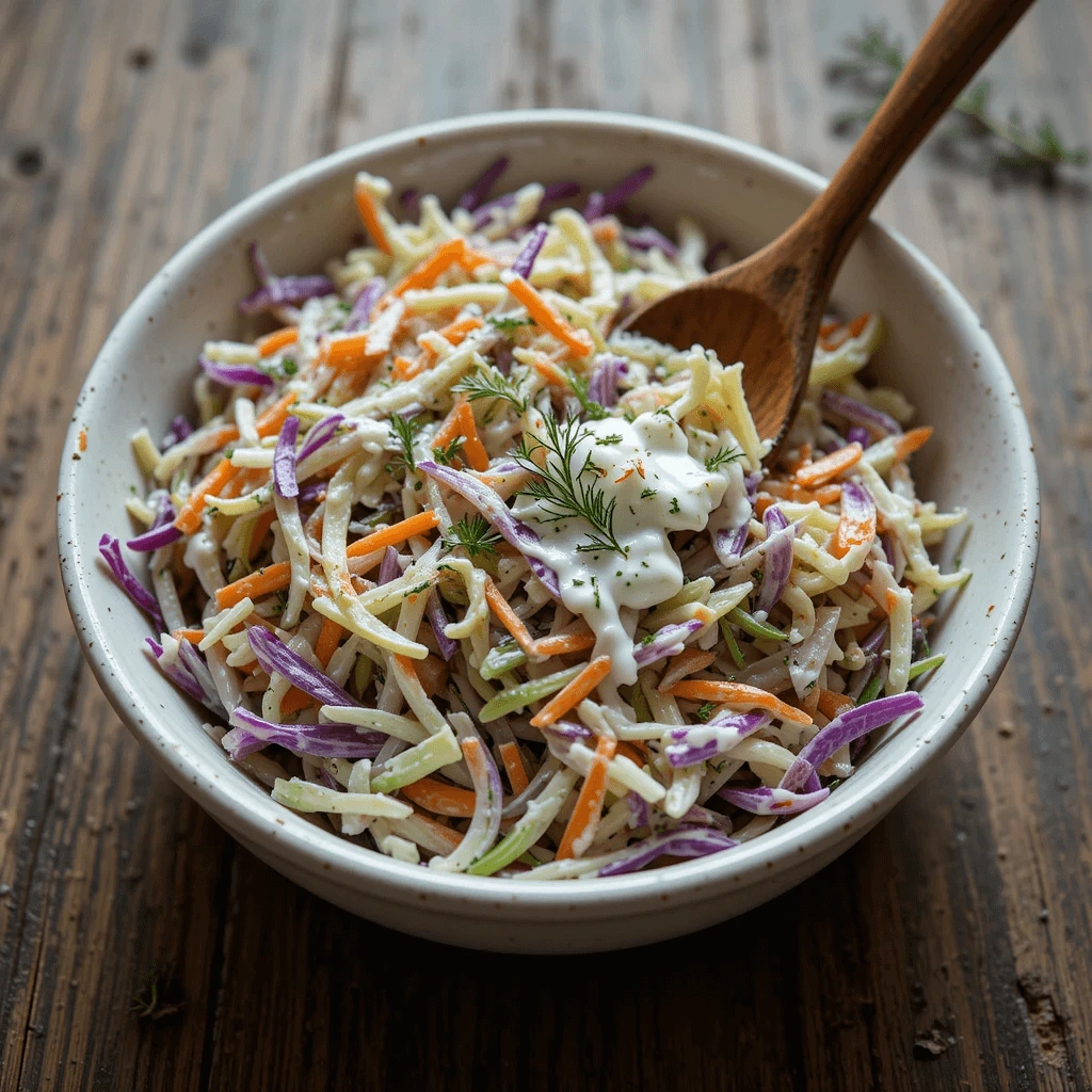 A vibrant, fresh bowl of creamy dill coleslaw featuring finely shredded green and purple cabbage, grated carrots, and specks of fresh dill.