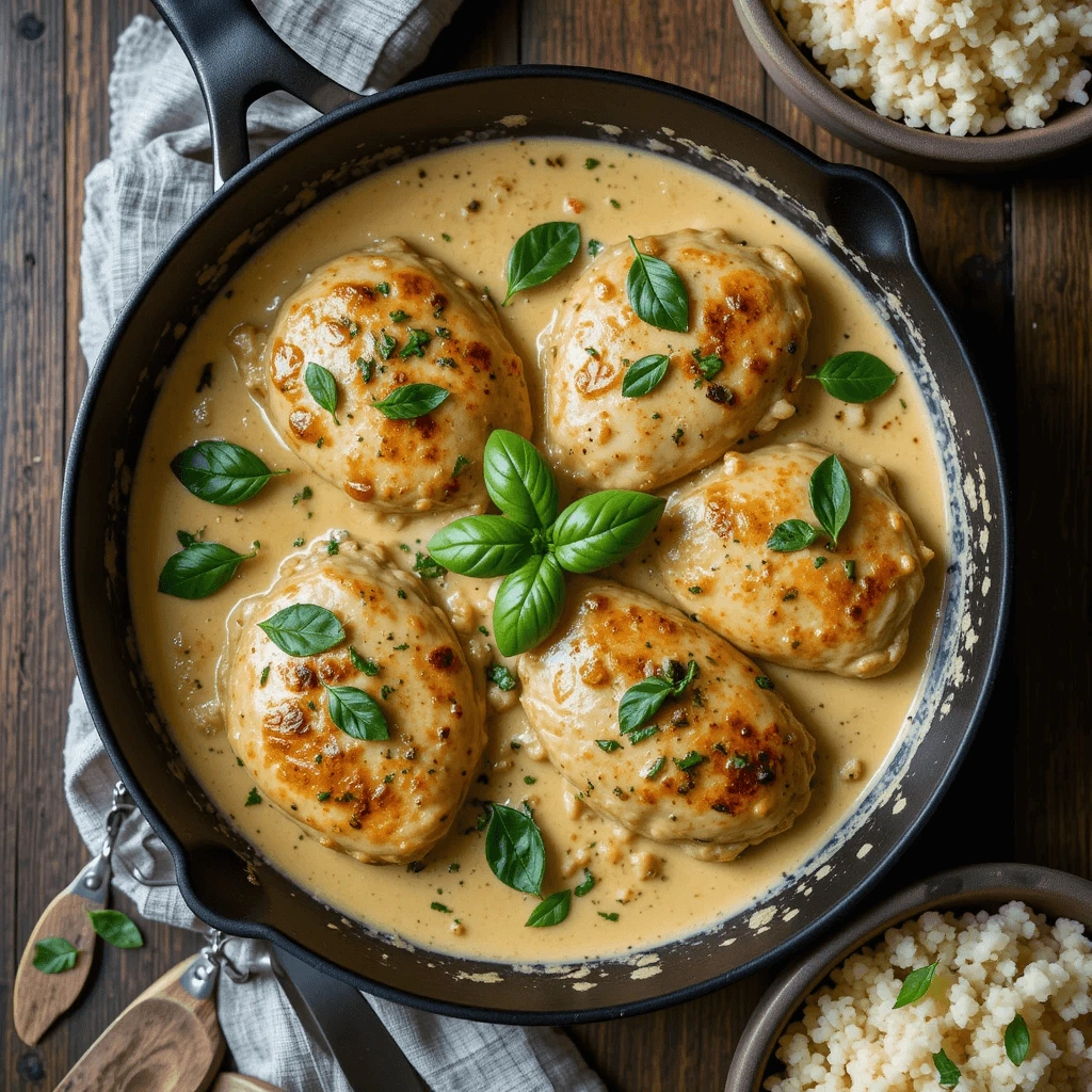 A creamy skillet of Marry Me Chicken garnished with fresh basil, served with a side of rice on a rustic wooden table.