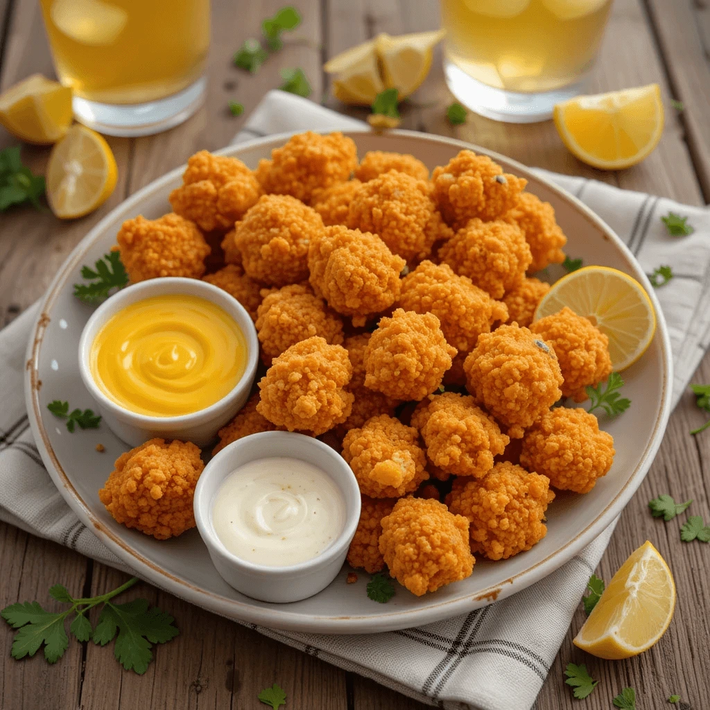 Crispy homemade popcorn chicken served with dipping sauces on a rustic wooden table.