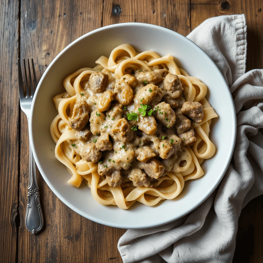 Creamy beef stroganoff served over egg noodles in a white bowl, garnished with fresh parsley.
