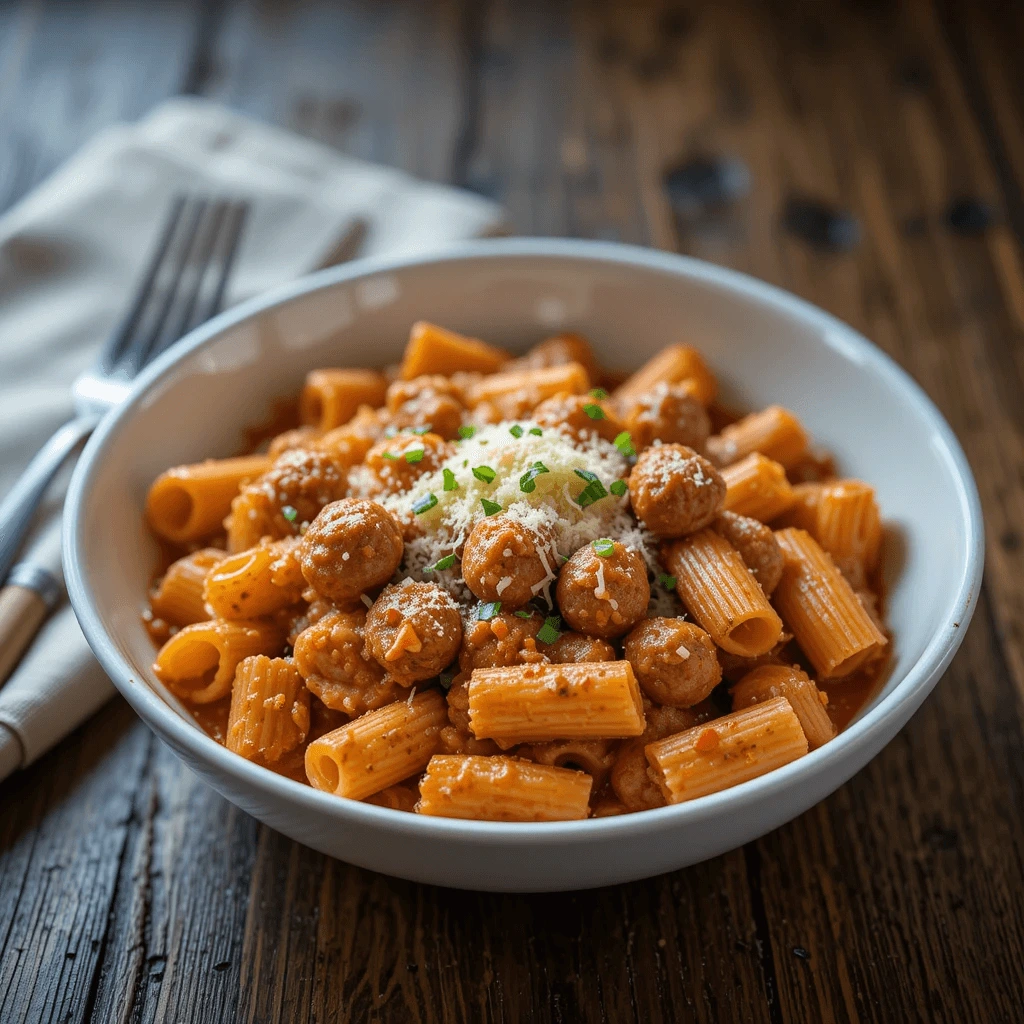 Creamy Sausage Rigatoni Pasta Served with Parmesan and Fresh Herbs.