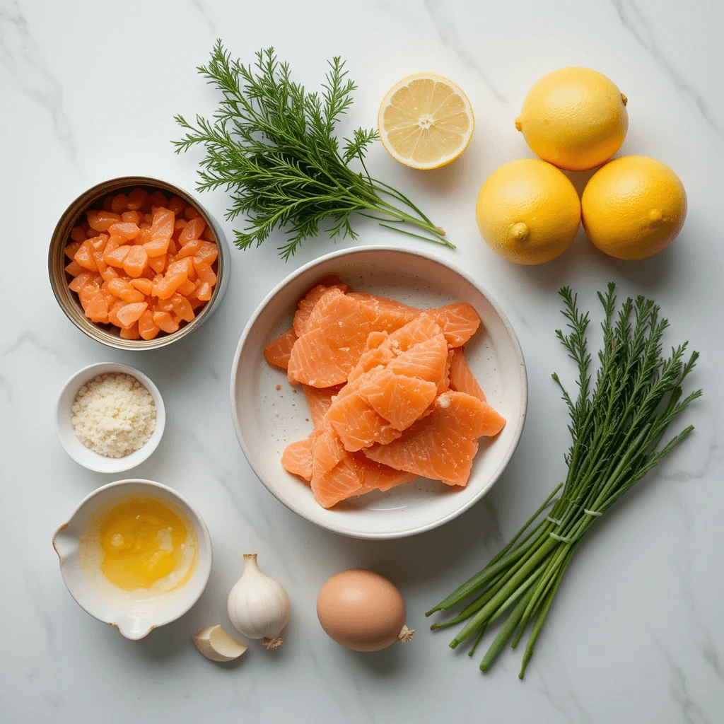 An overhead flat lay of ingredients used to make salmon cakes.