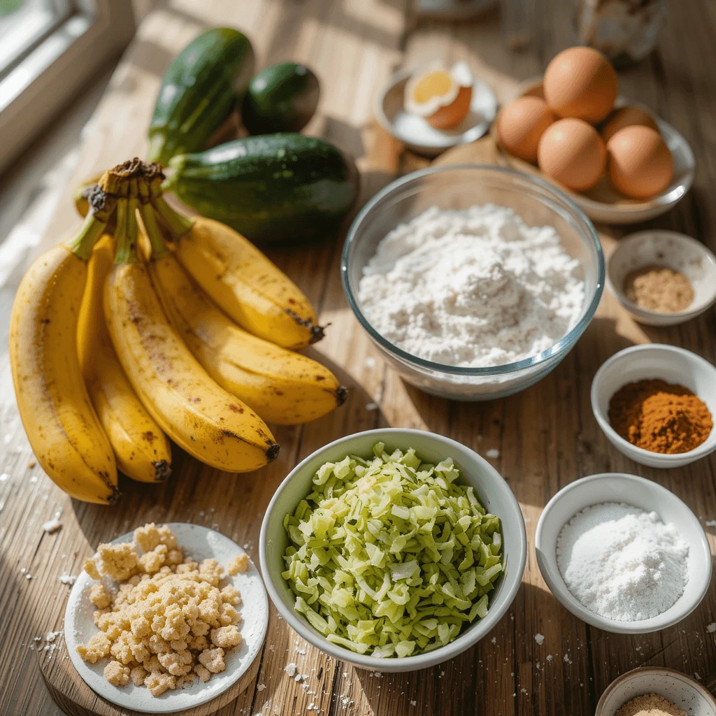 A bright, rustic kitchen scene with a wooden countertop showcasing fresh, ripe bananas with brown spots, a small bowl of freshly grated zucchini.