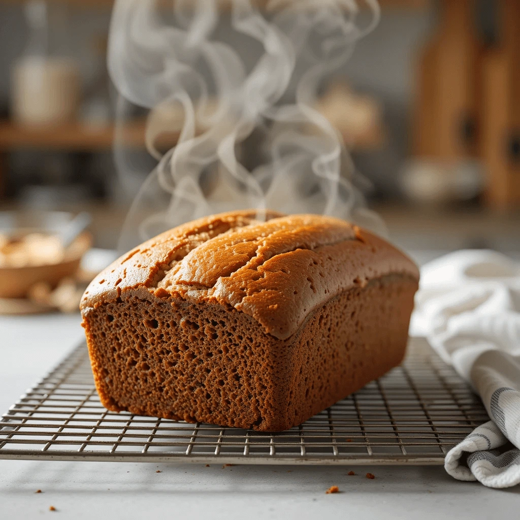 A golden-brown zucchini banana bread loaf resting on a cooling rack.