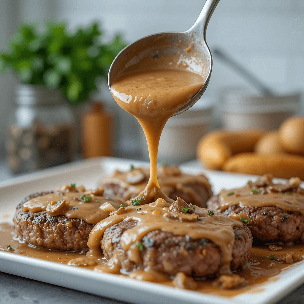 A ladle pouring thick, glossy mushroom gravy over hamburger steaks resting on a serving platter.