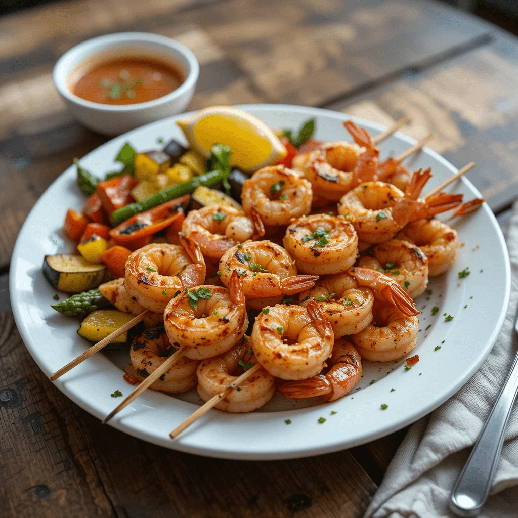 Grilled shrimp skewers with lemon and herbs, served with grilled vegetables on a white plate.