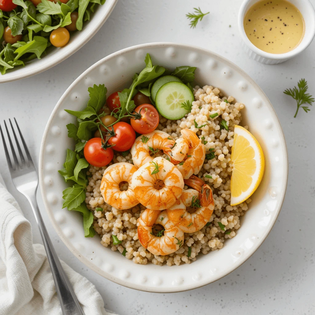 A balanced meal bowl featuring grilled shrimp over a bed of fluffy quinoa, with a side of mixed greens, cherry tomatoes, cucumber slices, and a lemon wedge.