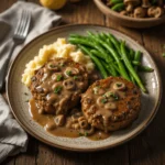 Hamburger steak with mushroom gravy, mashed potatoes, and green beans on a rustic dinner plate.