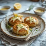Golden-brown salmon cakes drizzled with tangy lemon garlic sauce, garnished with fresh dill and lemon wedges on a rustic plate.