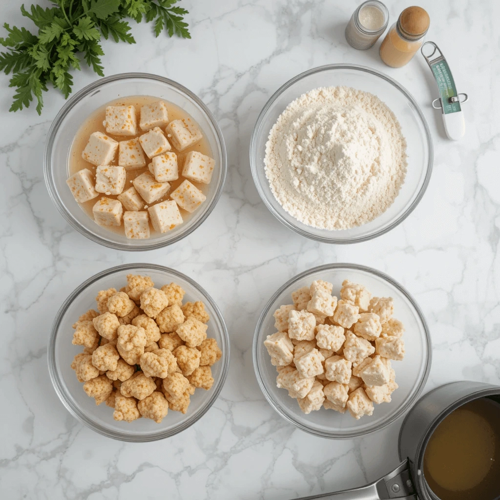A top-down flat lay showing the popcorn chicken preparation process on a clean kitchen surface.