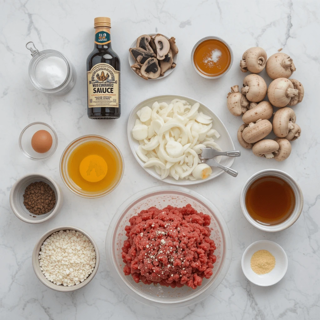 Overhead flat lay shot of the main ingredients arranged neatly on a light kitchen for Salisbury Steak Recipe.