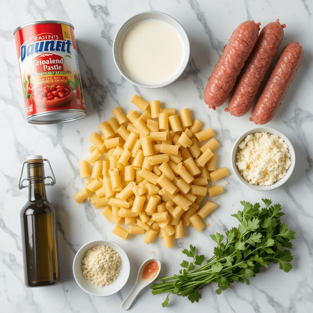 A bright, top-down flat lay of all the ingredients used for creamy sausage rigatoni arranged neatly on a white marble or wooden countertop.