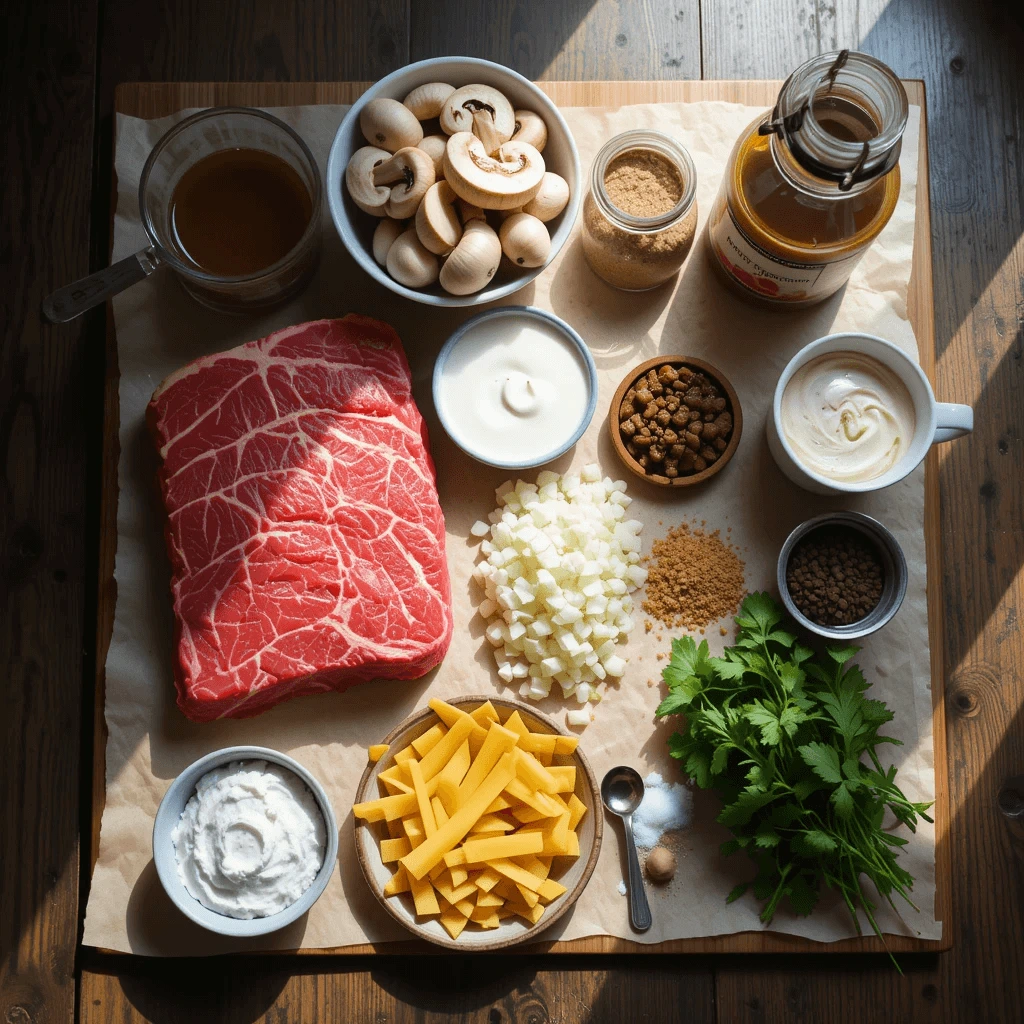 A neatly arranged flat-lay of all ingredients for beef stroganoff.