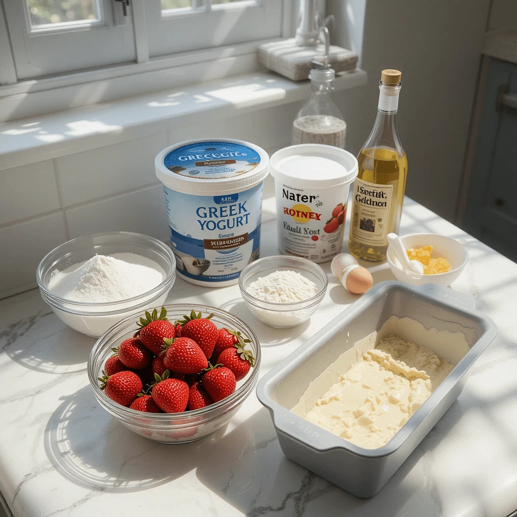 A bright, clean kitchen countertop neatly arranged with all the ingredients for strawberry bread.