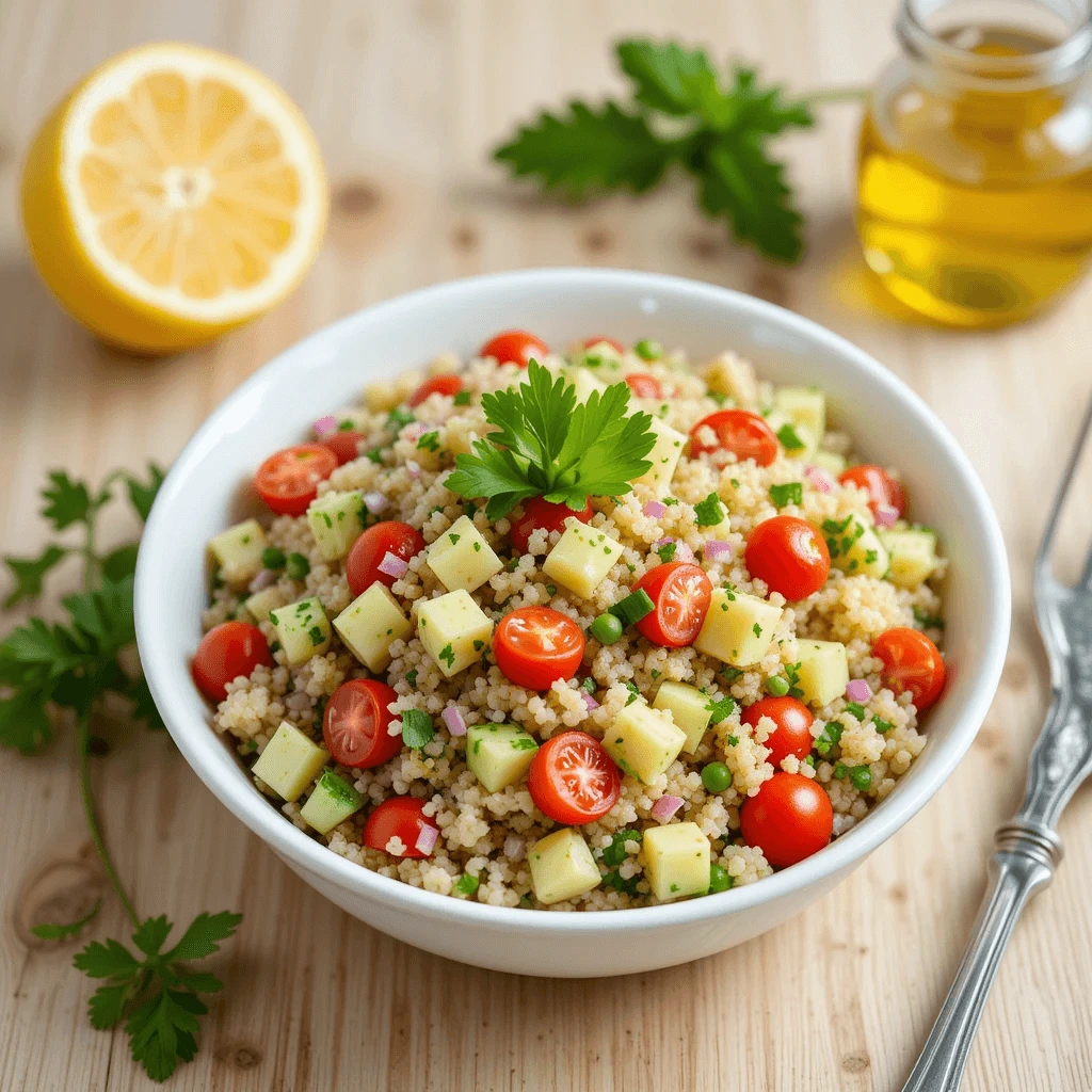 A bright and colorful lemon herb quinoa salad served in a white ceramic bowl. The salad includes fluffy quinoa mixed with diced cucumbers, halved cherry tomatoes, finely chopped red onions, and fresh parsley.