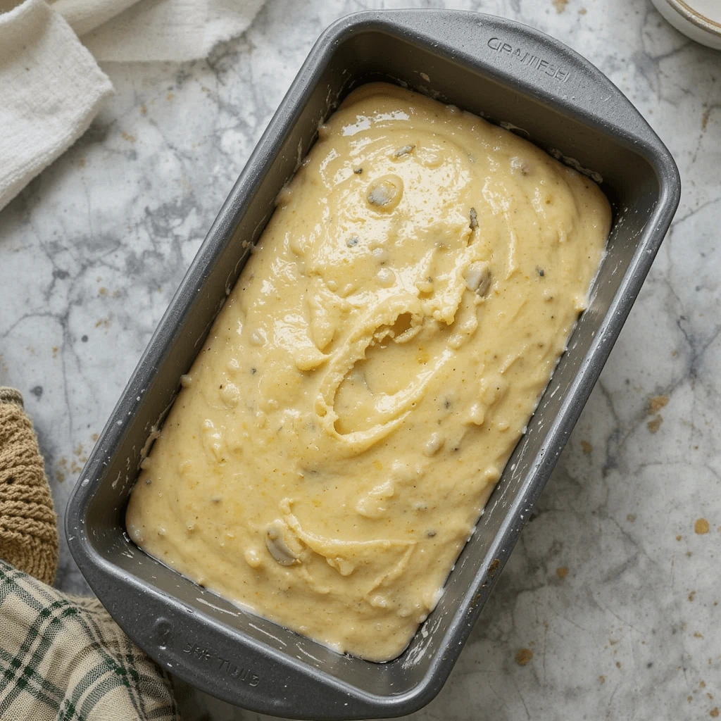 Overhead view of a greased loaf pan filled evenly with zucchini and banana bread batter.