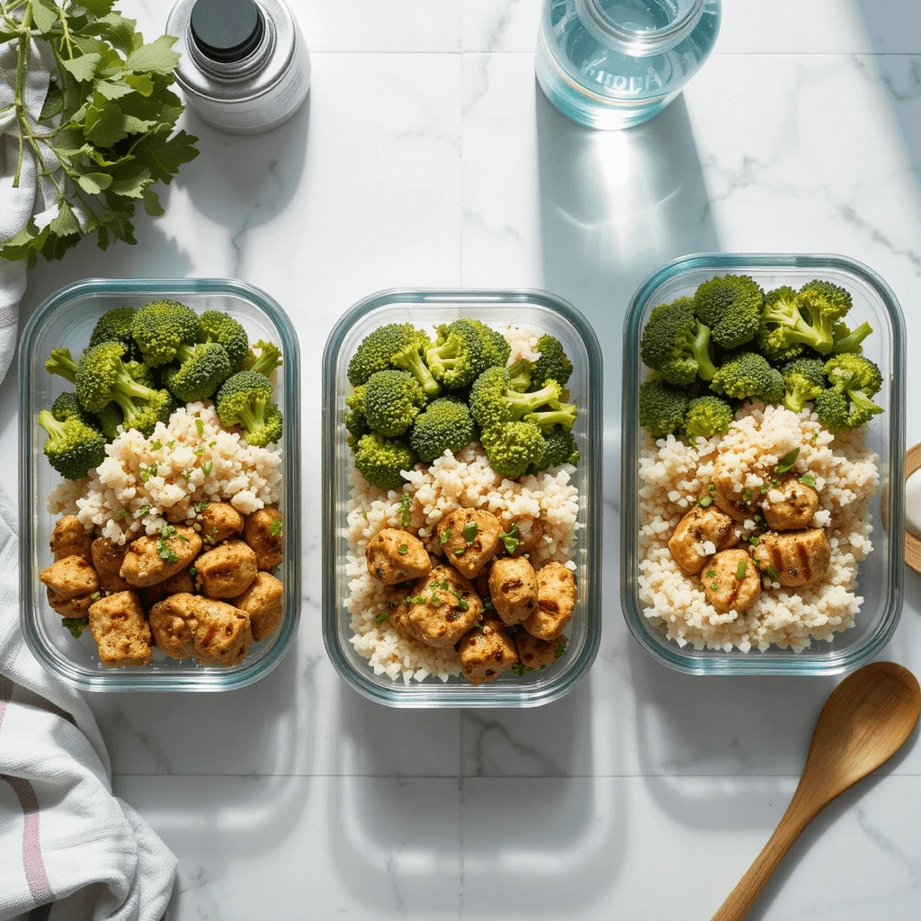Three glass meal prep containers filled with grilled chicken bites, steamed broccoli, and cauliflower rice.