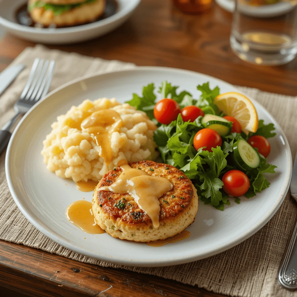 A balanced dinner plate with two salmon cakes, a scoop of garlic mashed potatoes, and a side salad made with mixed greens, cherry tomatoes, and cucumber slices.