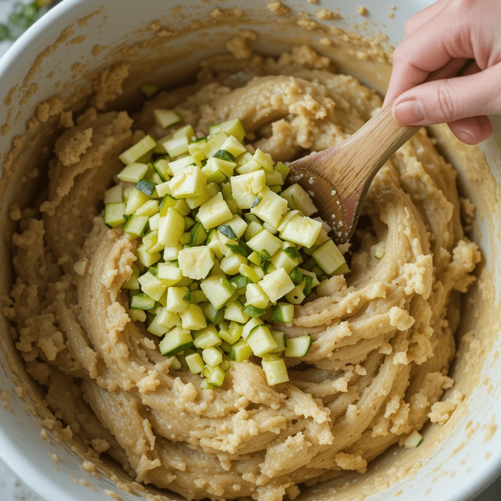 Close-up shot of hands folding the mashed bananas and grated zucchini into the wet ingredients using a wooden spoon in a large white ceramic mixing bowl.
