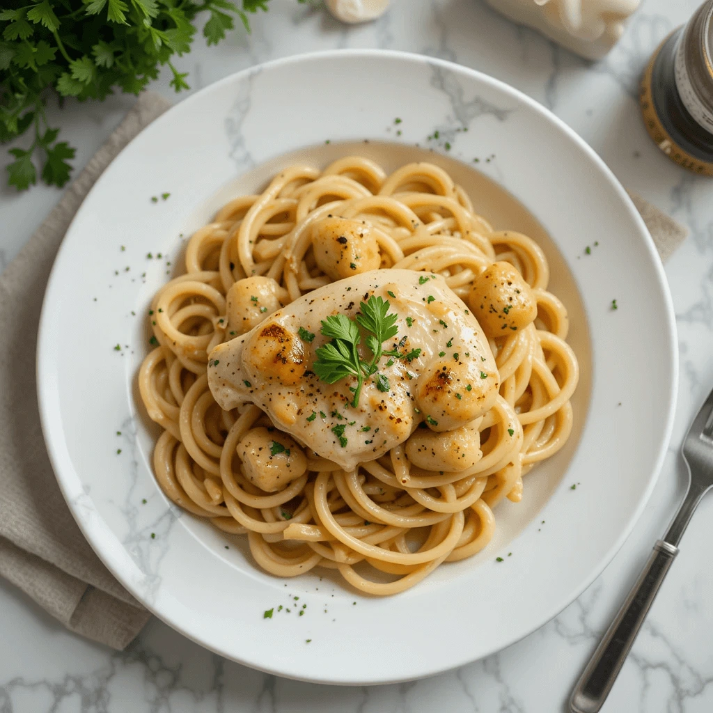 Overhead shot of a plated Marry Me Chicken meal with pasta, fresh parsley on top, and a light, airy kitchen background.