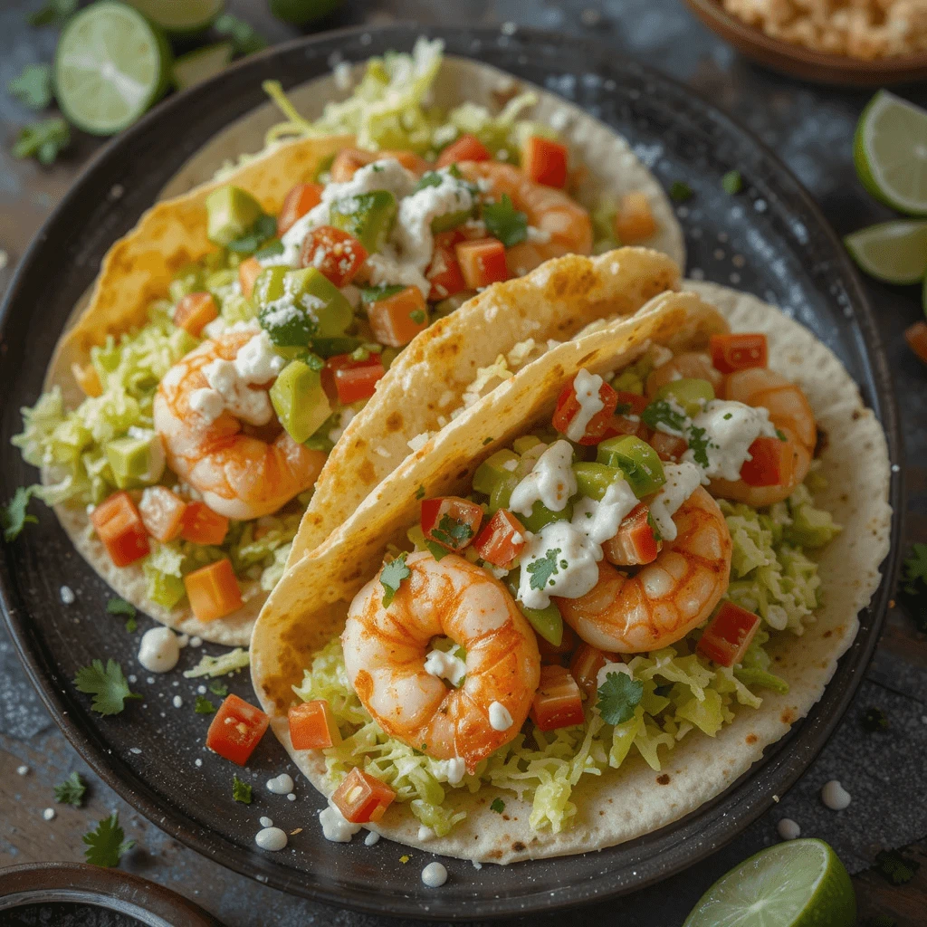 A beautifully plated dish featuring shrimp tacos, topped with fresh toppings like shredded lettuce, diced tomatoes, avocado, and a drizzle of lime crema.