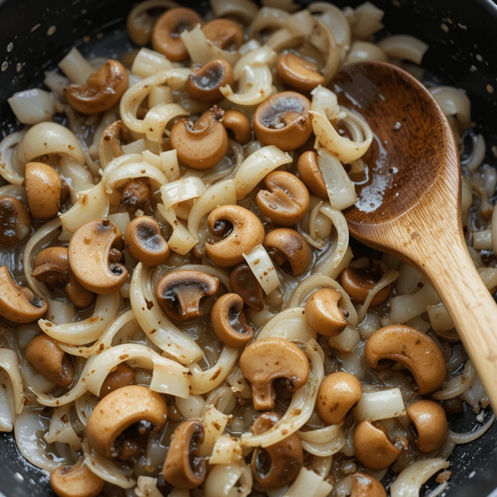 Close-up of a skillet with onions and mushrooms sizzling together in butter. The mushrooms are slightly browned and glistening, while the onions are soft and translucent.