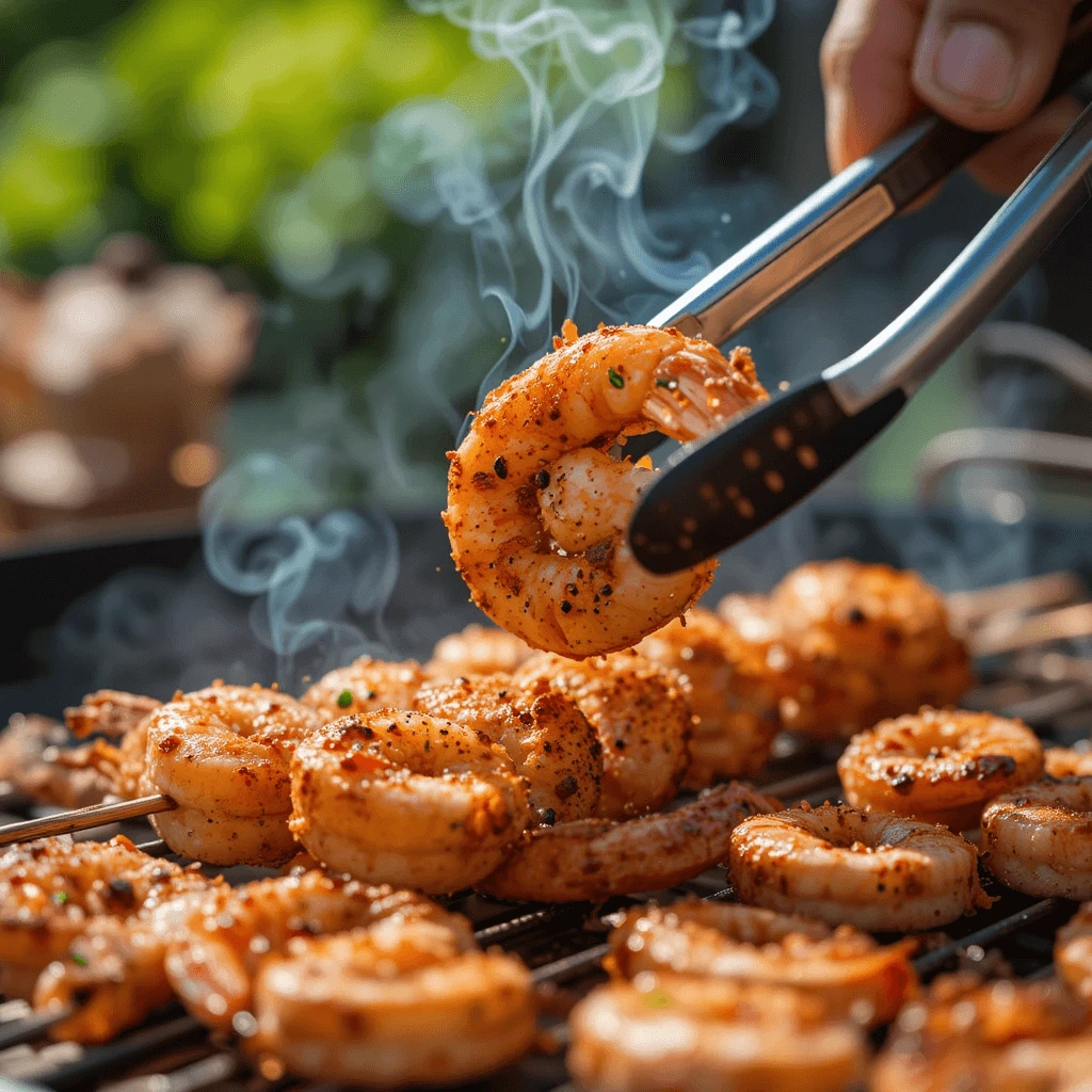 A shot of seasoned shrimp on skewers or directly on the grill, with smoke rising and grill marks clearly visible.