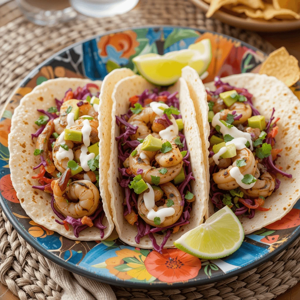 Three grilled shrimp tacos assembled in soft flour tortillas, filled with shredded red cabbage, diced avocado, chopped cilantro, and a light drizzle of lime crema.