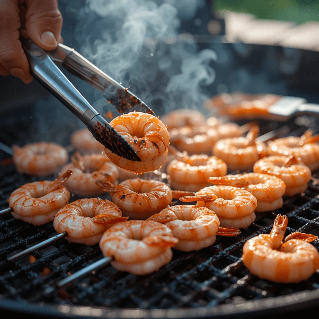 A close-up action shot of shrimp cooking on a grill grate. The shrimp are turning pink with light char marks, and a bit of smoke is rising.