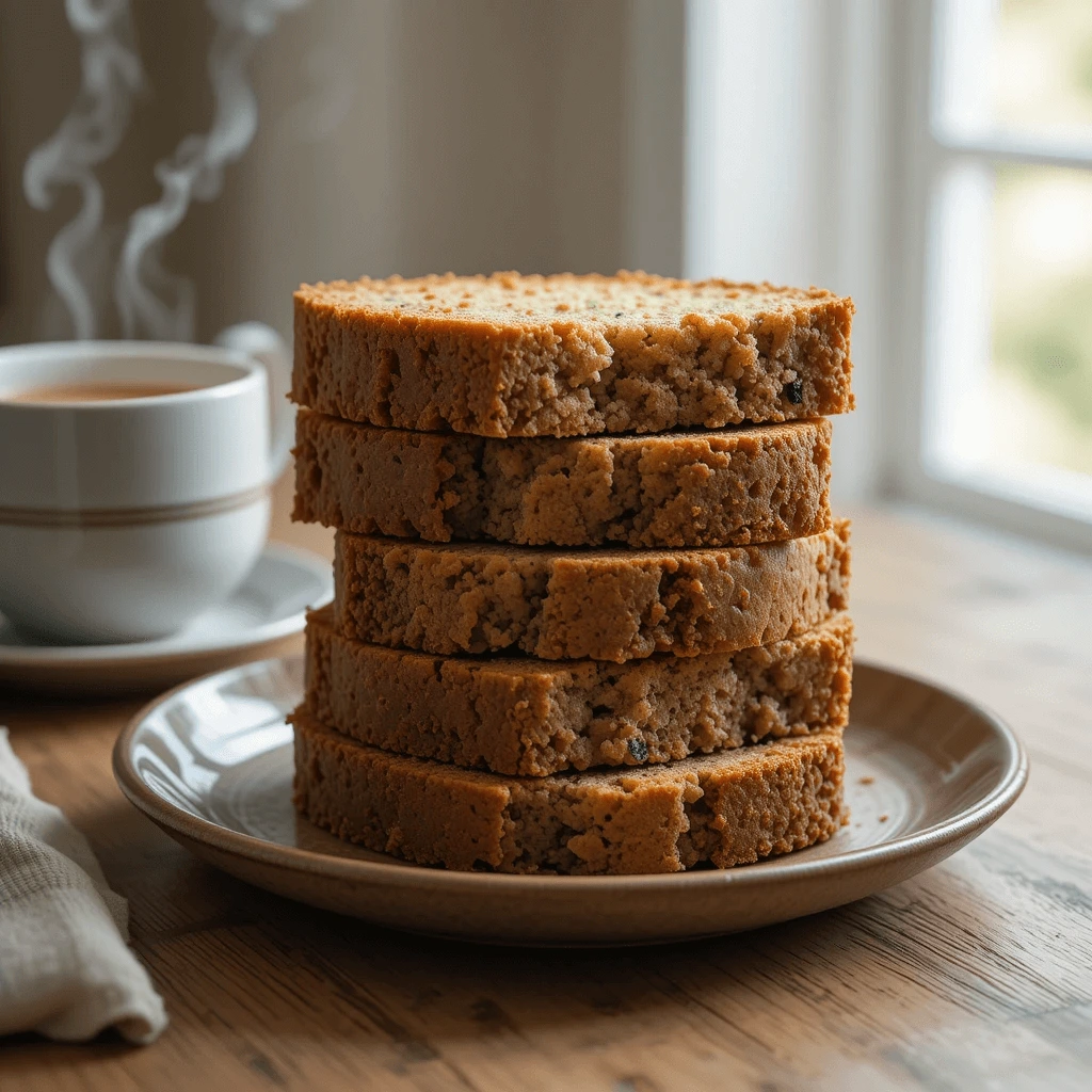 A close-up of several thick slices of zucchini and banana bread stacked neatly on a rustic ceramic plate, with visible moist crumb and flecks of zucchini.