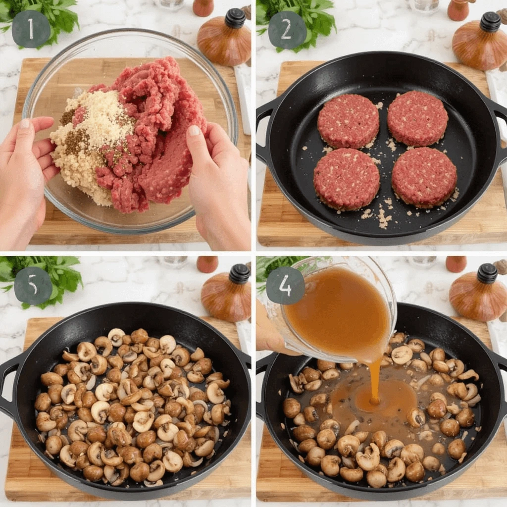 A collage or sequential set of images showing key steps, step-by-Step Cooking Process in a Skillet.