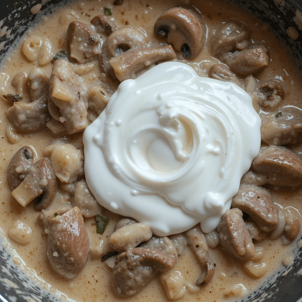 A smooth, creamy sauce in the skillet with sour cream just stirred in, blending with the mushrooms and onions.